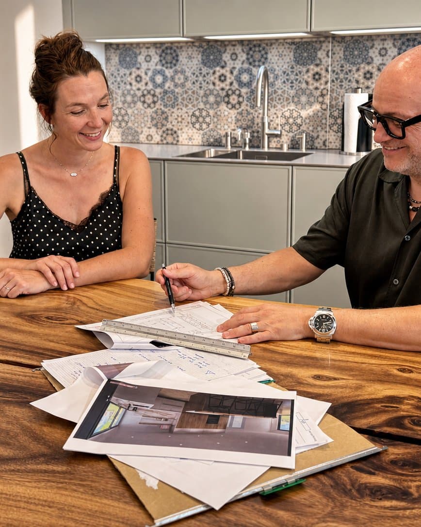 A Teutschmann adviser and a client going back over the plans of her kitchen
